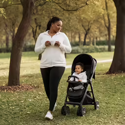 a woman and child in park with a stroller