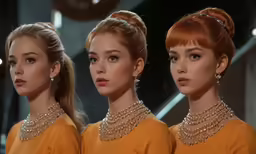 three women dressed in high jewelry, a woman with red hair and a woman with blonde hair