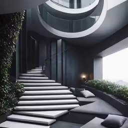 a staircase with white steps next to the window