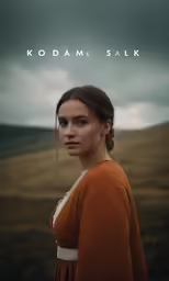 a woman in an orange top standing on top of a hill