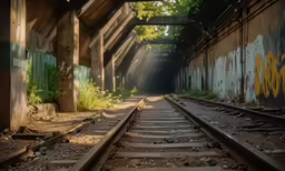 train tracks and graffiti are in the area