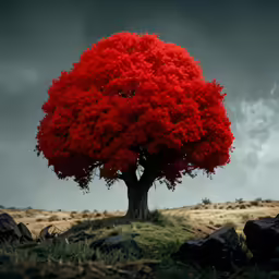 a tree that is in the grass near rocks