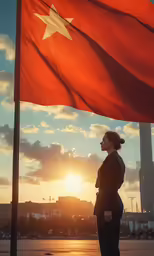 a woman walking down a street past a large red flag