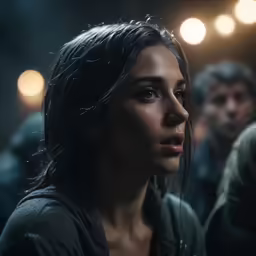 a young woman is staring into the distance while people are standing around in the background