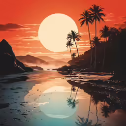 palm trees and mountains on the shore of a tropical island