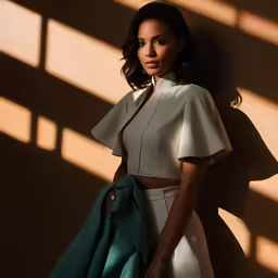 a woman posing in a white and green dress
