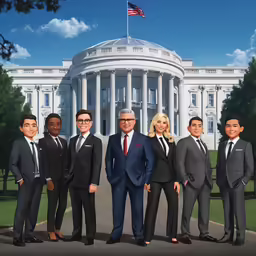 a family in front of the white house wearing suits