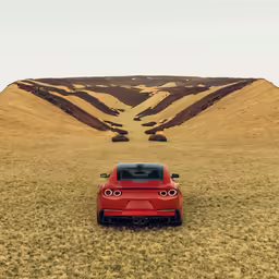red car in field with mountain and grass