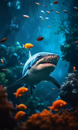 sharks swimming in an aquarium, with lots of fish