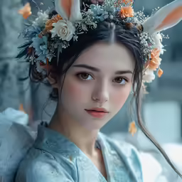 an oriental woman wearing a floral crown on her head