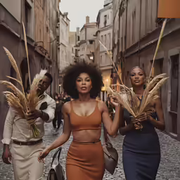 two women walking down the street carrying gold objects in their hands