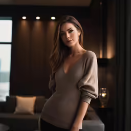 a pretty woman in a tan sweater posing