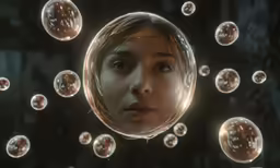 a woman in a mirror looking into bubbles
