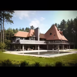 a big house with lots of trees and water