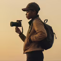 a man standing in front of a desert landscape with a camera