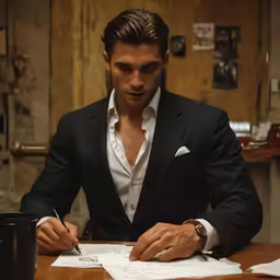 a man in black jacket signing documents on table