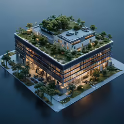 an floating island that shows a couple of cars on it