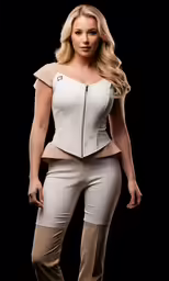 woman in white corset, beige trousers and white shirt