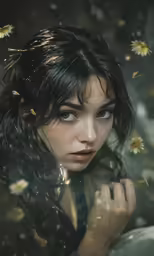 a woman with black hair and blue eyes sitting next to some daisies