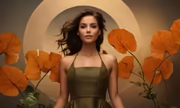 a woman in a green dress standing next to a tree