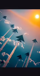 jet planes flying high above the clouds at sunset