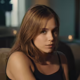 a woman is sitting in a chair and staring ahead
