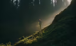 a person hiking up a small trail at sunset
