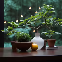 three potted plants sit next to each other in front of a window