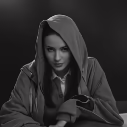 woman in hoodie sitting on table with laptop