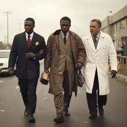 three men in suits and ties walking down a city street