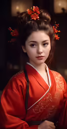 a woman in an oriental kimono poses for a photograph