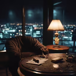 a man sits at a table next to a lamp in a room filled with windows