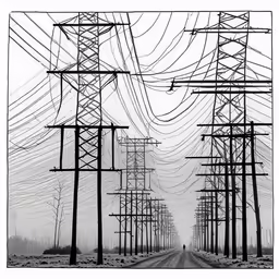 line of electrical poles with an icy road below