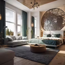 a living area with furniture and large windows