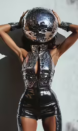 a model in a black and white outfit, with shiny helmets on
