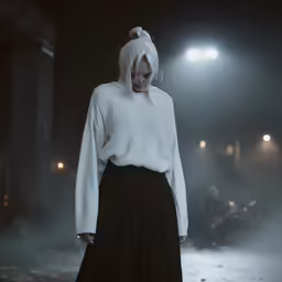 the white knit sweater and black skirt are shown in dark