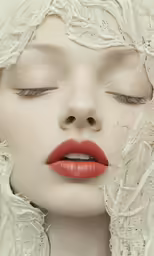 a woman with long white hair and bright red lipstick