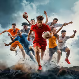 several people run around and try to grab a soccer ball