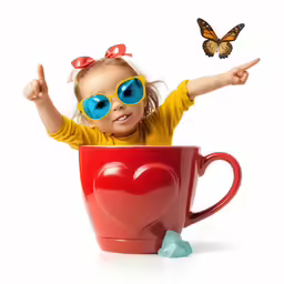 the child is in the cup with the butterfly flying next to her