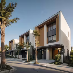 a street view of multiple buildings with palm trees