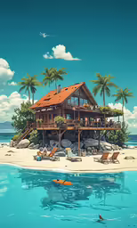 a house and a beach with chairs sitting on it