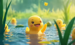 a group of ducks swim in a pond with one on its back