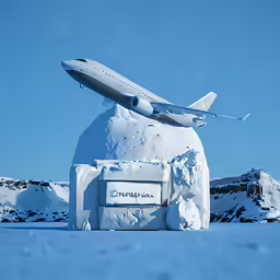 an airplane flying over a snow dome