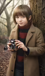 a young boy holding up an old camera