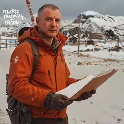 a man holding a book with mountains behind him