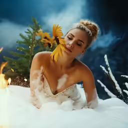 a young woman is sitting in a snow suit and holding up a yellow flower