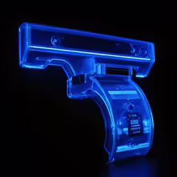 a glowing blue metal object on a black background