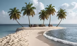 a beach with some palm trees near the water