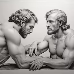 two male bodies and one is wearing a towel