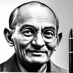 a man in a suit with glasses next to a large pen